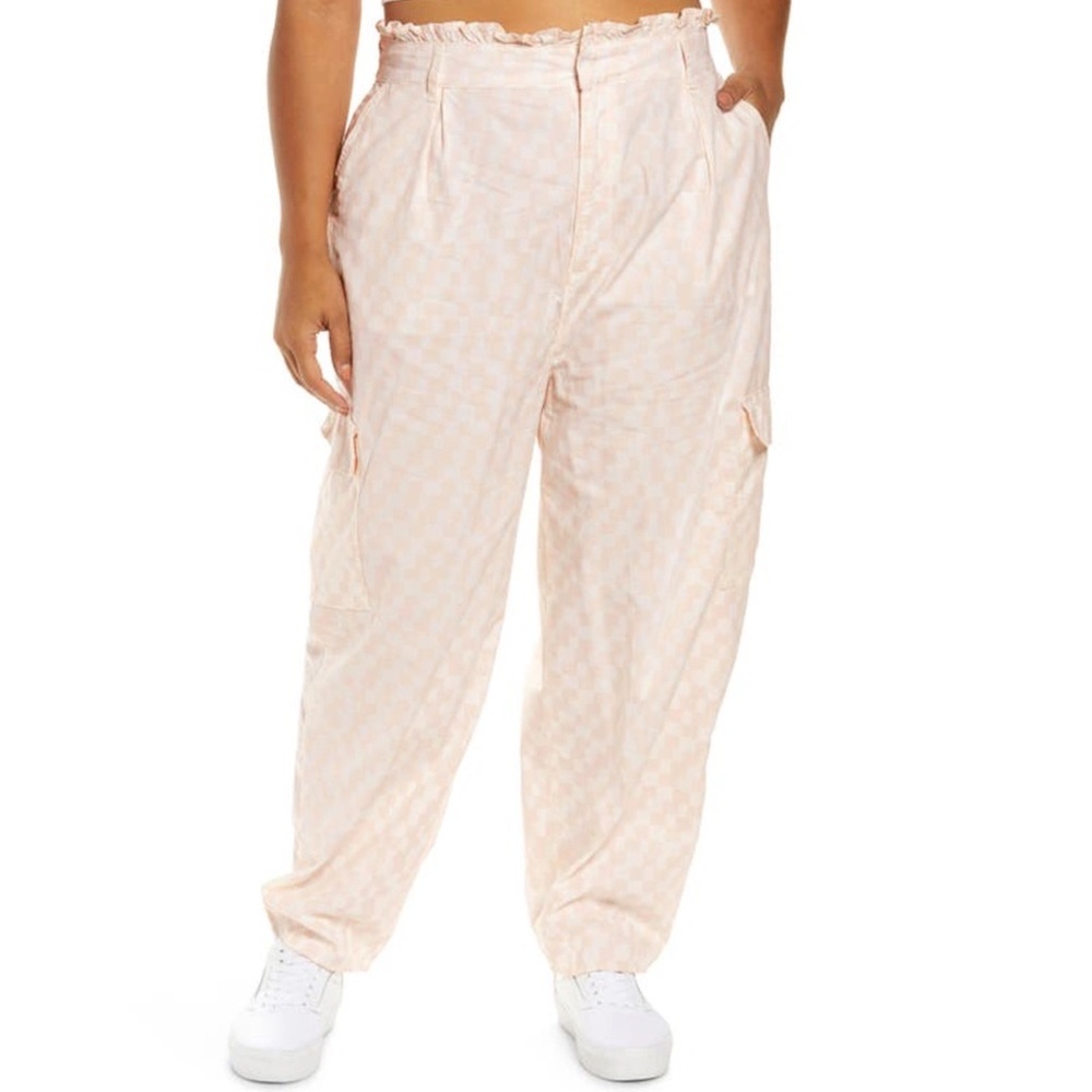 NEW Nordstrom Size 1X Check Paperbag‎ Waist Cargo Pants Pink Phoebe Check Plaid